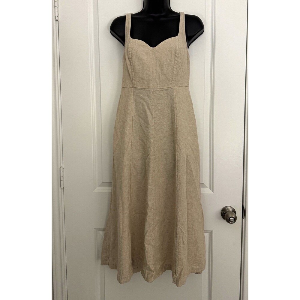 Old Navy Women’s S Beige Linen Sweetheart Smocked A-Line Midi Dress Pockets